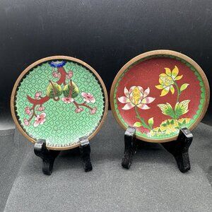 Vtg Cloisonne Enamel Mini Plates Set 3.75" Floral Lotus & Cherry Blossom w Stand